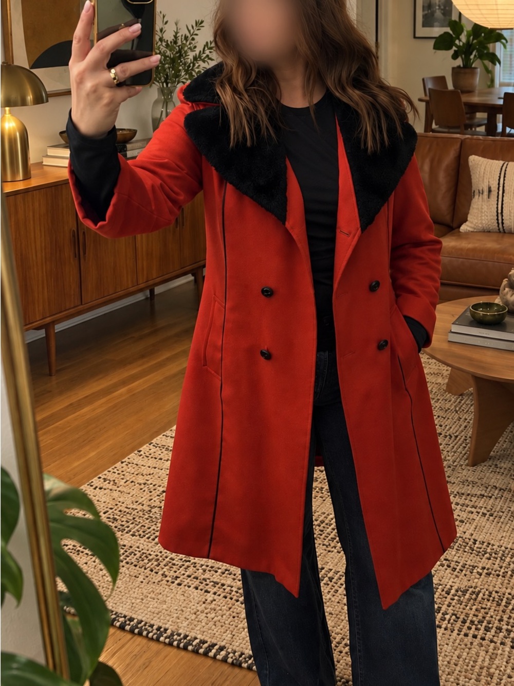 Vintage 70’s Women’s Double-Breasted Coat with Black Faux Fur Collar - Large